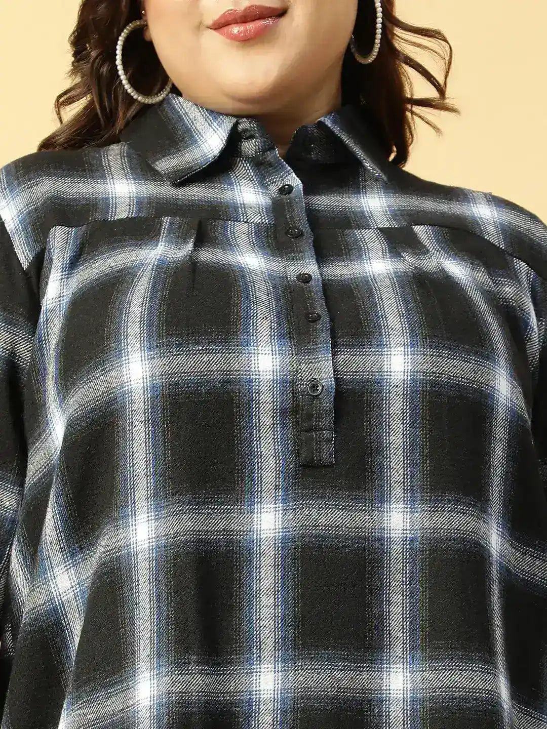 Black Check-Print Collared Button-Down Front Long Sleeves Plus Size Women Cotton Shirt