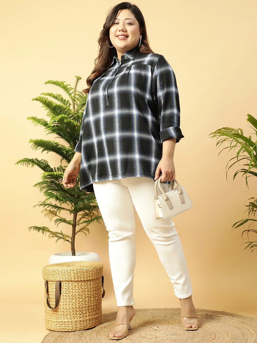 Black Check-Print Collared Button-Down Front Long Sleeves Plus Size Women Cotton Shirt