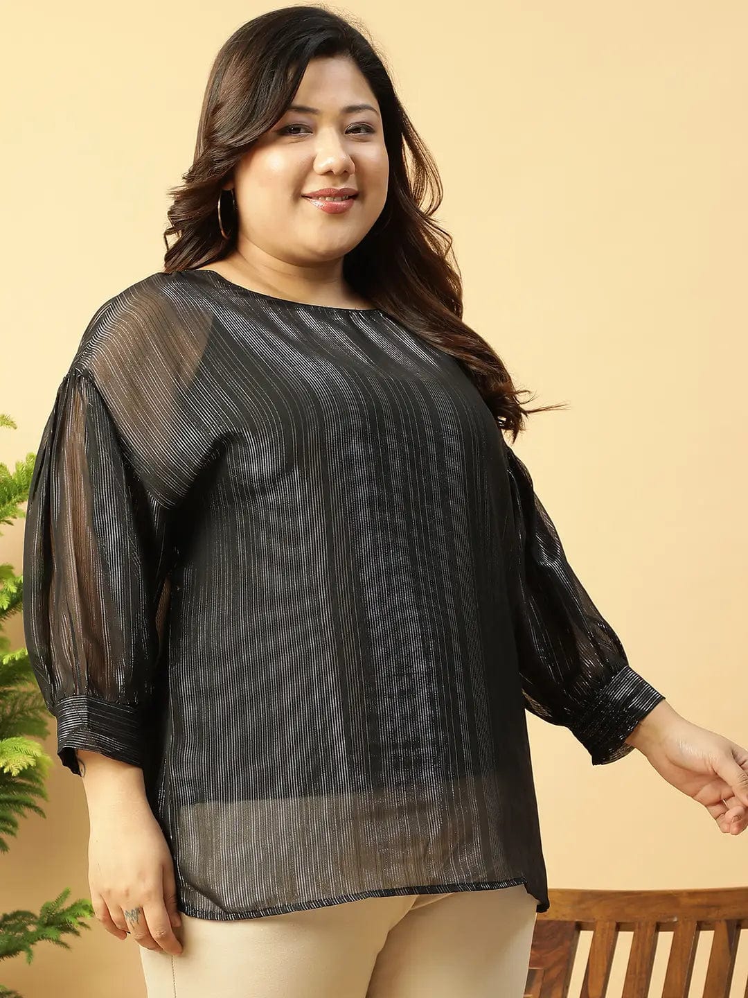 Black Round Neck Long Sleeve Lurex Shimmer Plus Size Women Top