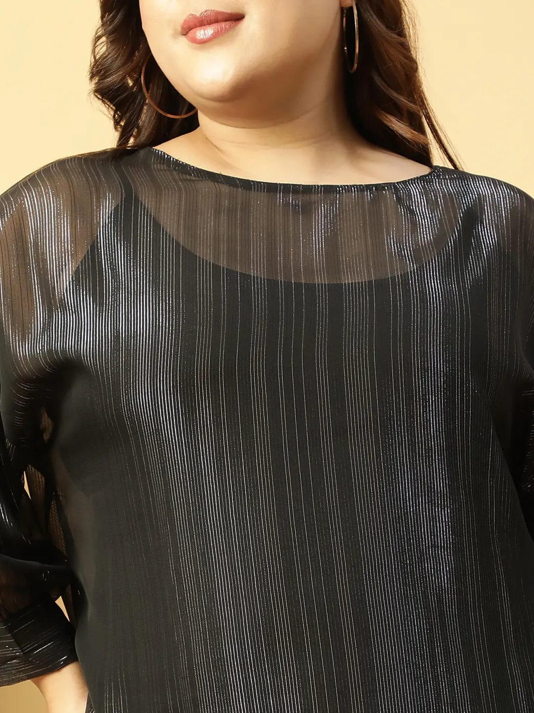 Black Round Neck Long Sleeve Lurex Shimmer Plus Size Women Top