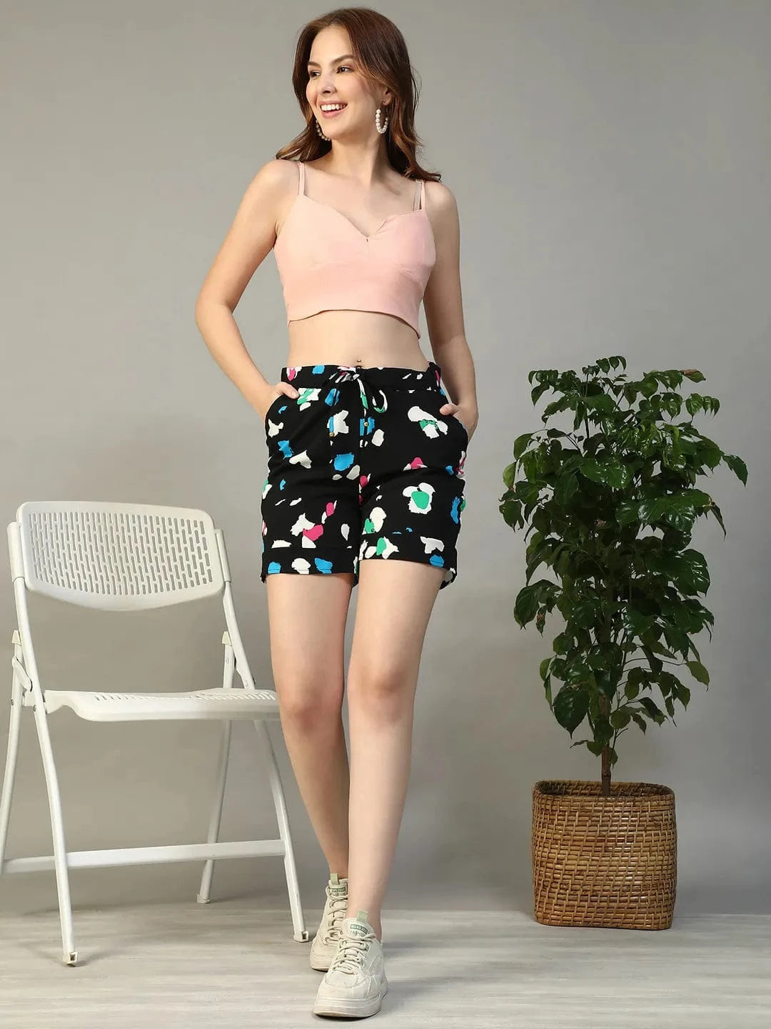 Cozyglint Black Abstract Print Elasticated With Tie-Up belt Women Nightwear Shorts