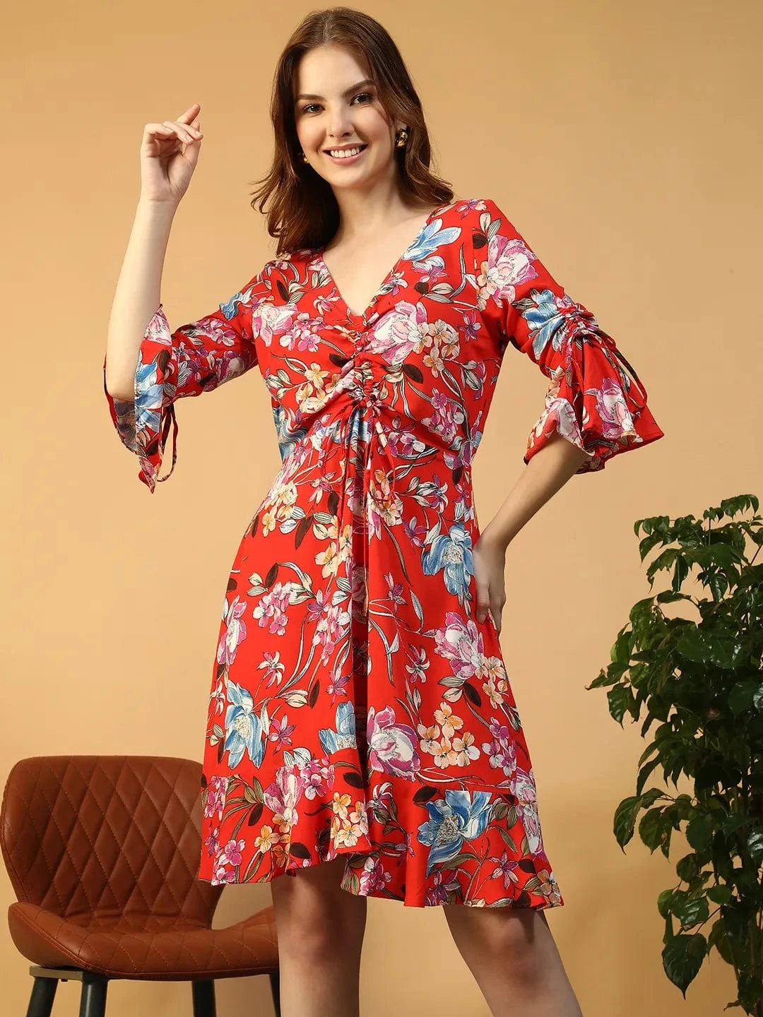 Wavy Red Floral Print V- Neck 3/4 Bell Sleeve Tie-Up Detail Knee Length Women Dress