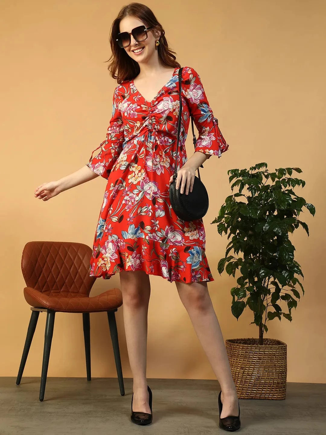 Wavy Red Floral Print V- Neck 3/4 Bell Sleeve Tie-Up Detail Knee Length Women Dress