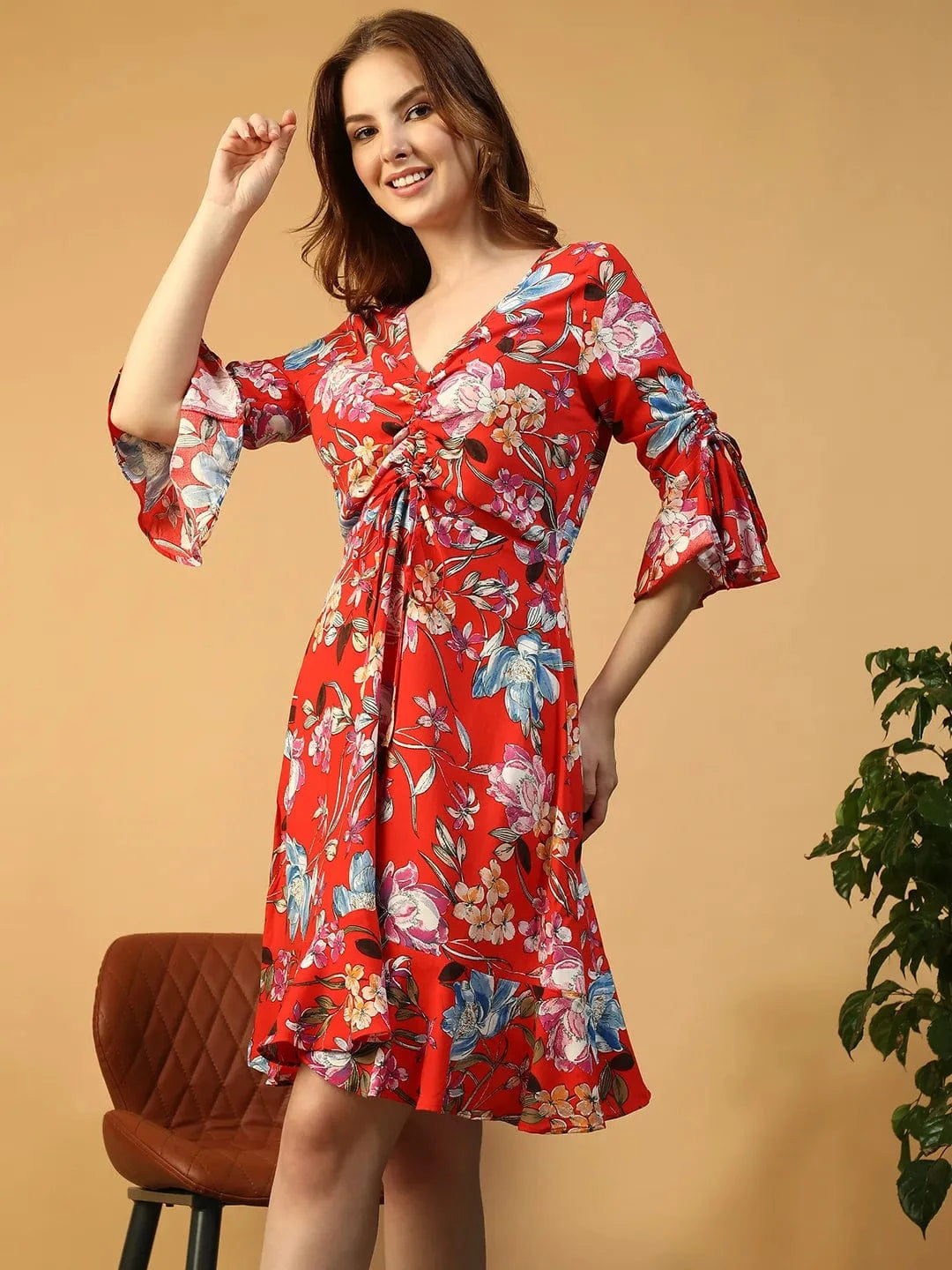 Wavy Red Floral Print V- Neck 3/4 Bell Sleeve Tie-Up Detail Knee Length Women Dress
