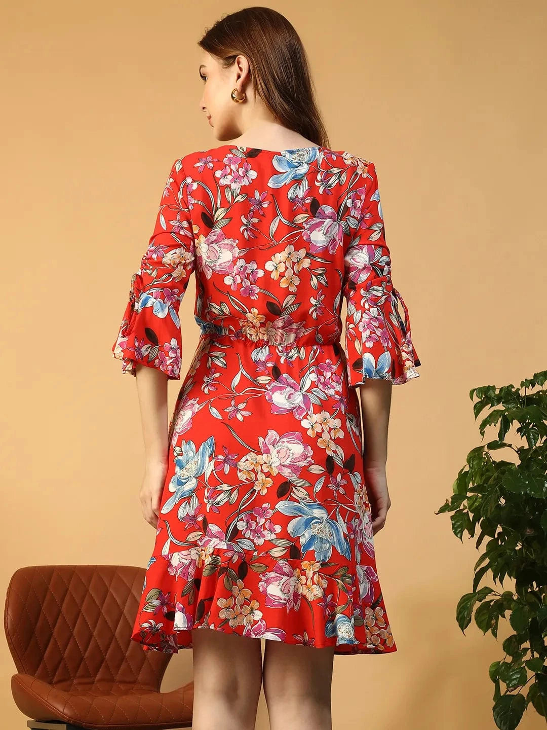 Wavy Red Floral Print V- Neck 3/4 Bell Sleeve Tie-Up Detail Knee Length Women Dress