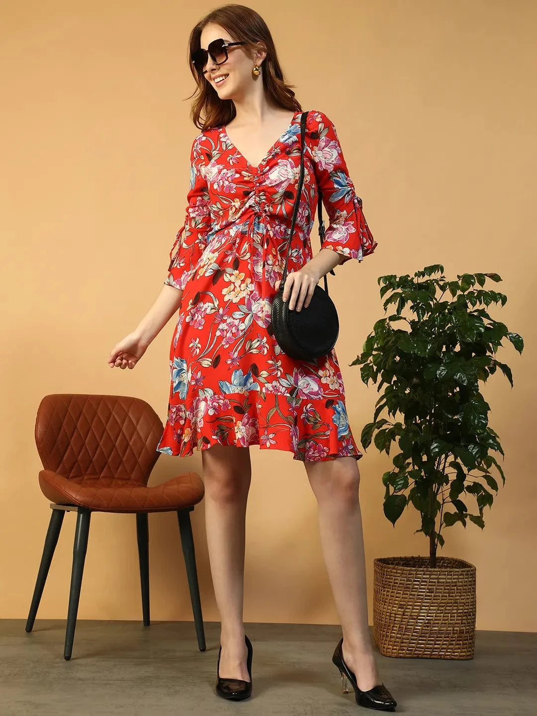 Wavy Red Floral Print V- Neck 3/4 Bell Sleeve Tie-Up Detail Knee Length Women Dress
