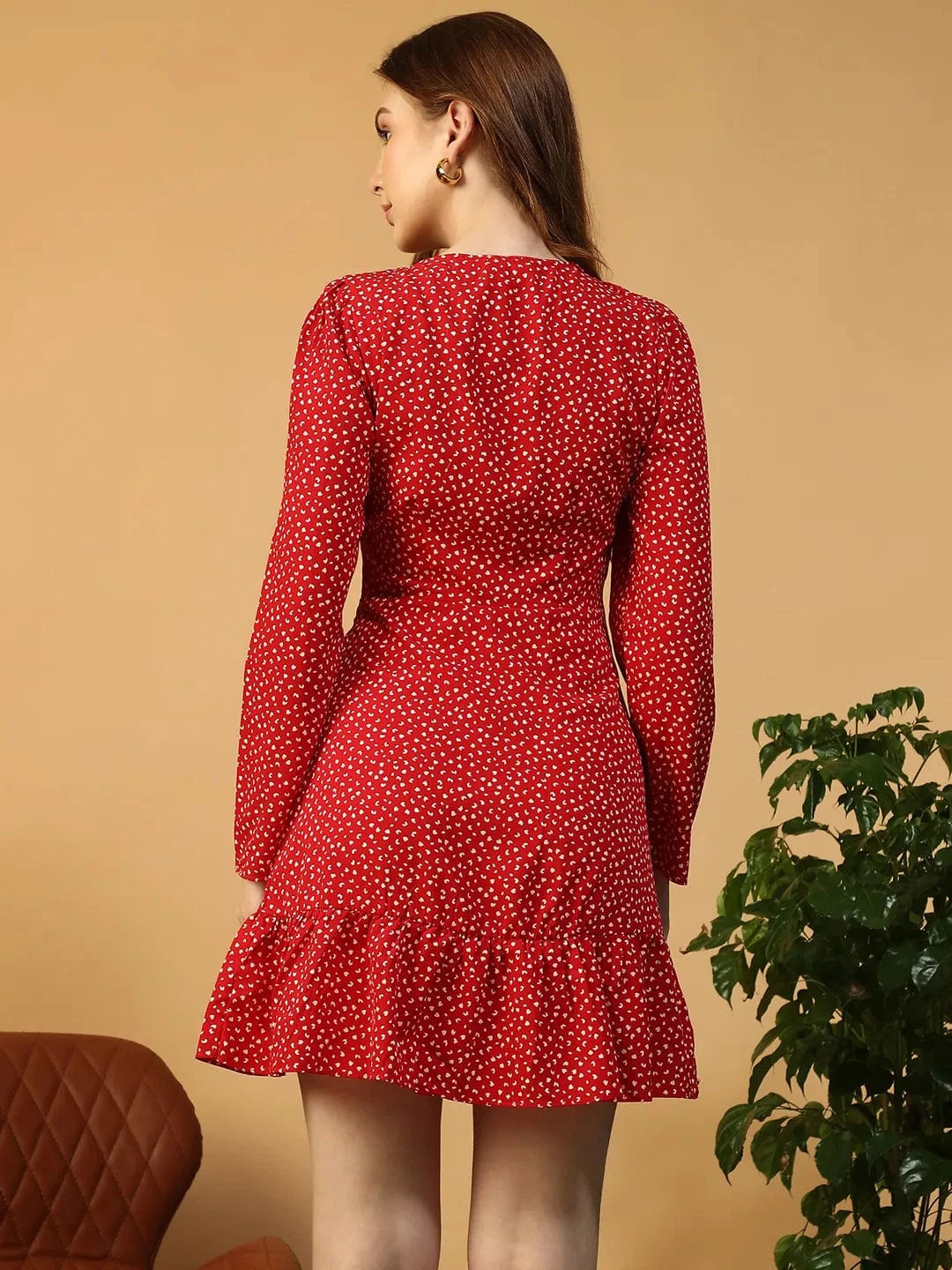 Striking Red Polka Dot Print V- Neck Long Sleeve Ruffle Detail Women Short Dress