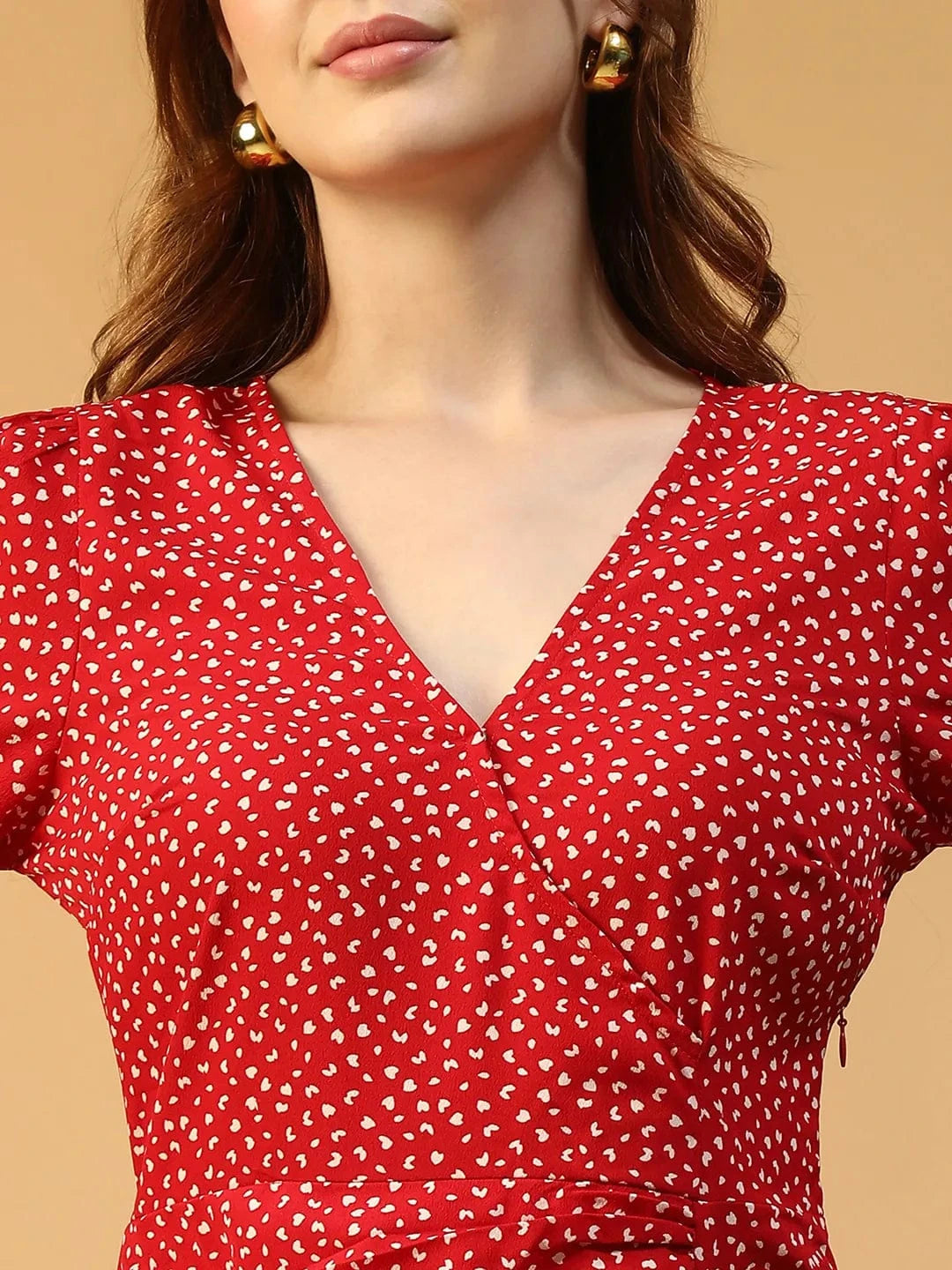 Striking Red Polka Dot Print V- Neck Long Sleeve Ruffle Detail Women Short Dress