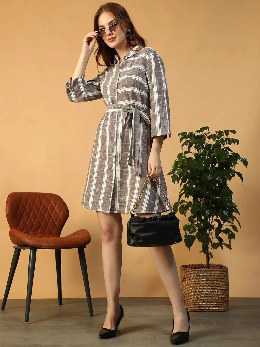 Lighter Grey Stripe Print Collared Button Down  Short Cotton Women Dress