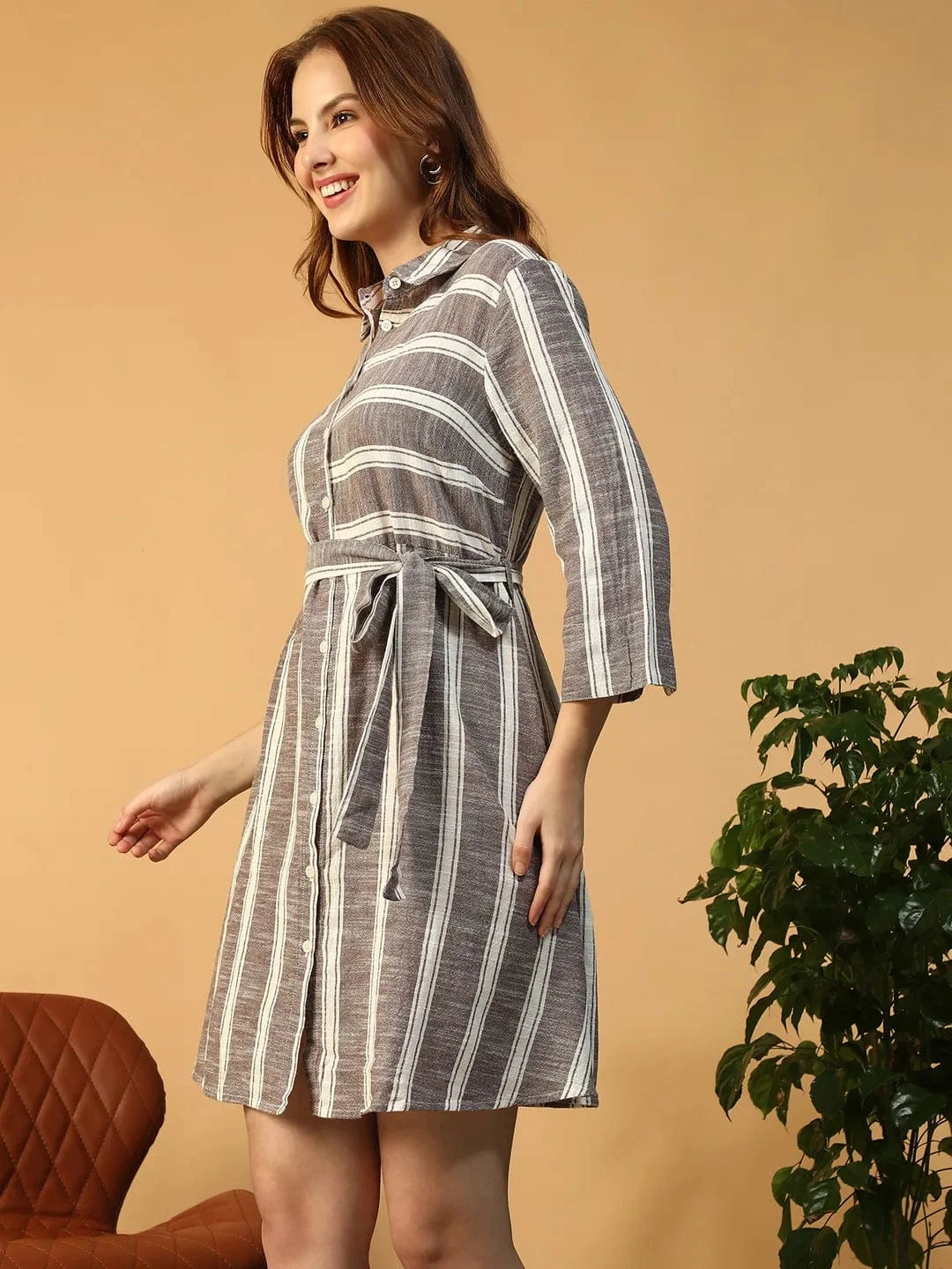 Lighter Grey Stripe Print Collared Button Down  Short Cotton Women Dress