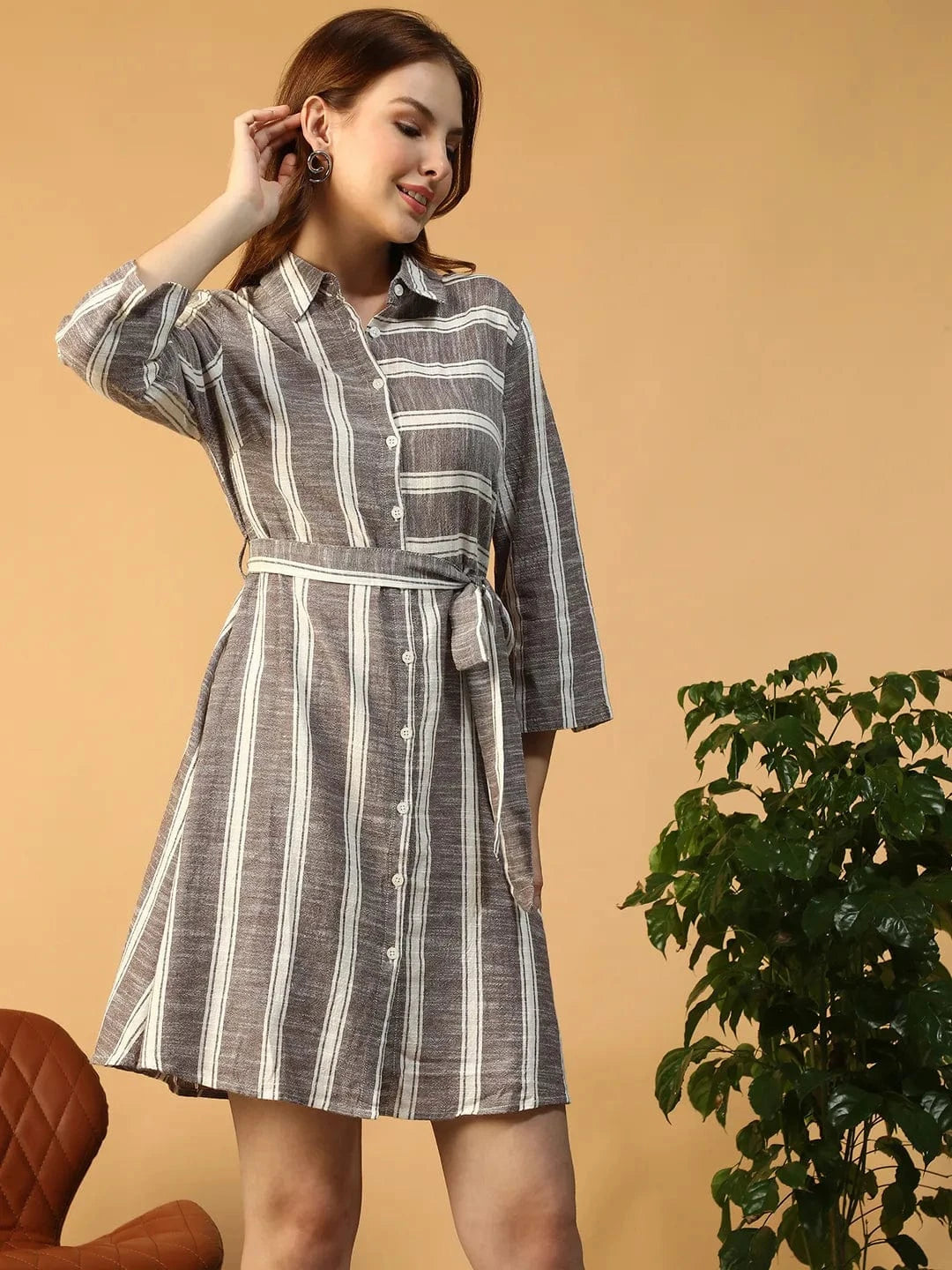 Lighter Grey Stripe Print Collared Button Down  Short Cotton Women Dress