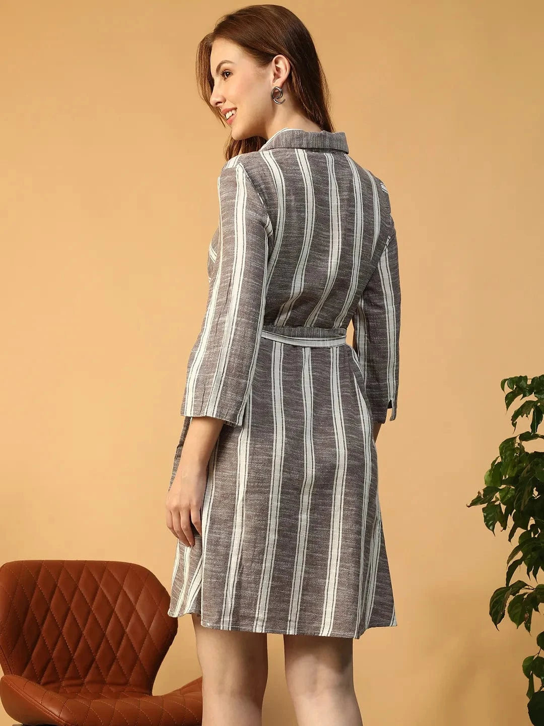 Lighter Grey Stripe Print Collared Button Down  Short Cotton Women Dress