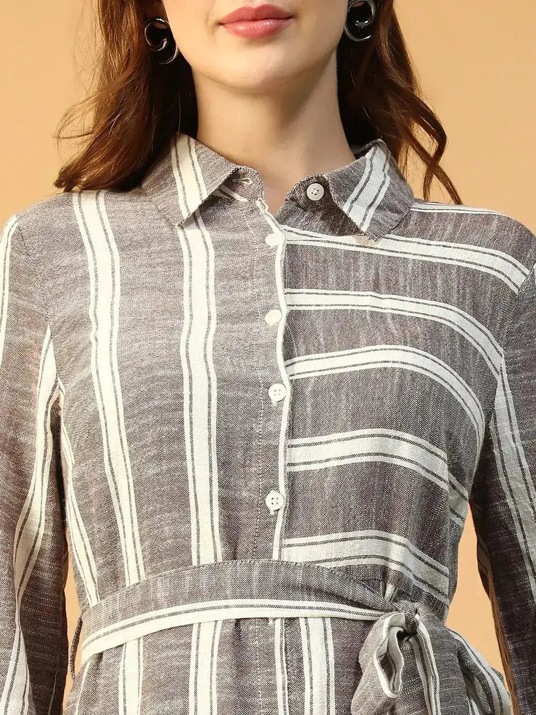 Lighter Grey Stripe Print Collared Button Down  Short Cotton Women Dress