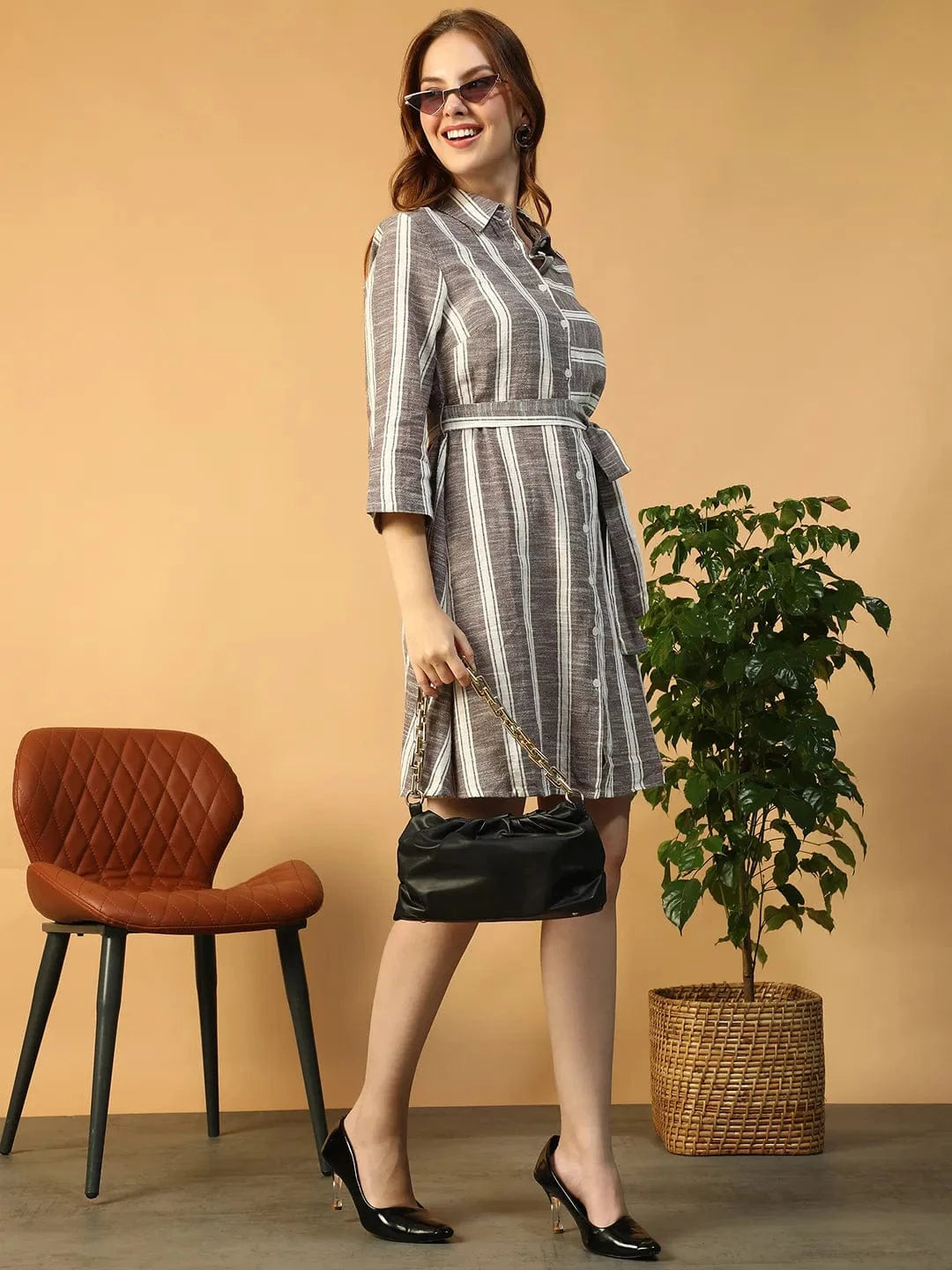 Lighter Grey Stripe Print Collared Button Down  Short Cotton Women Dress