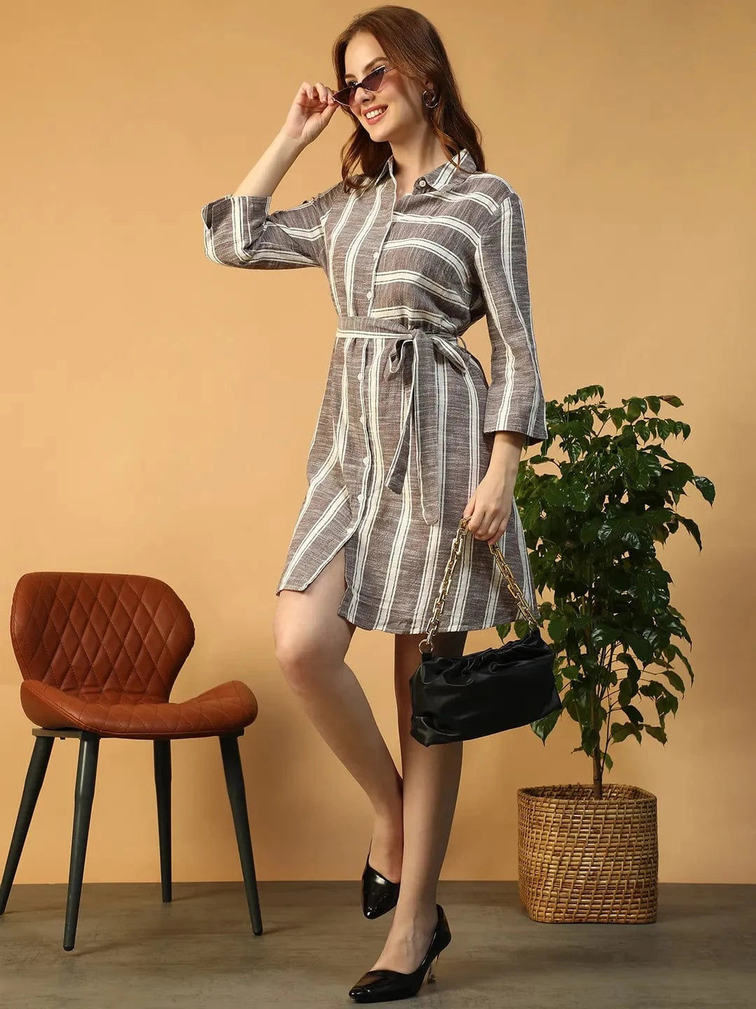 Lighter Grey Stripe Print Collared Button Down  Short Cotton Women Dress