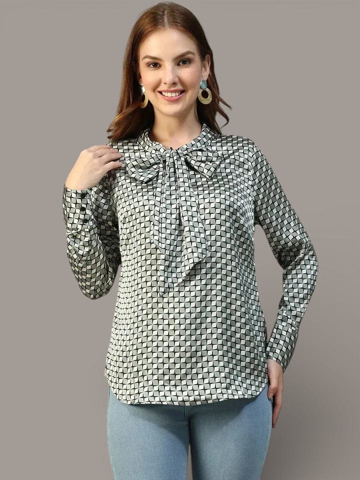 Green Check Satin Top - Women's Long Sleeve Tie-Up Detail Blouse, Lightweight Polyester