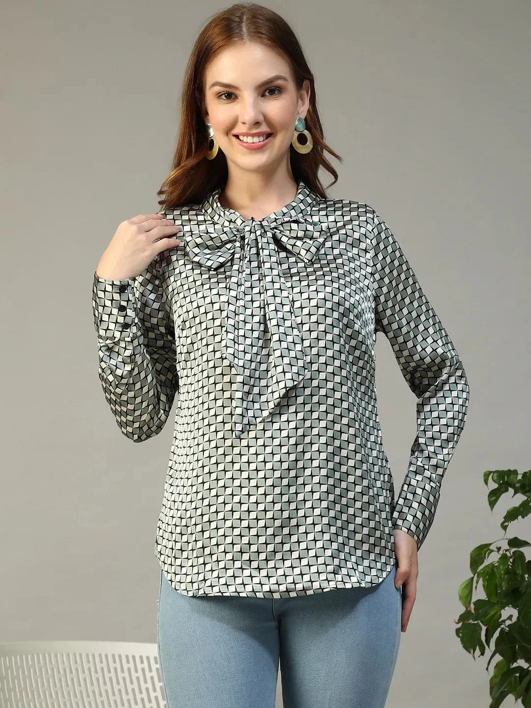 Jell Green Check Satin Print Long Sleeve Tie-Up Detail Women Top