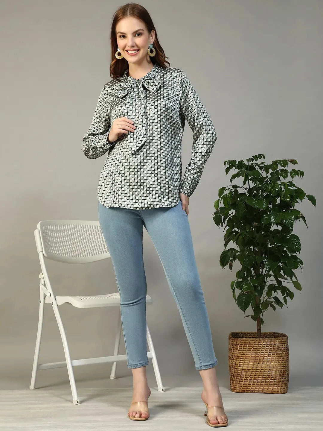 Jell Green Check Satin Print Long Sleeve Tie-Up Detail Women Top