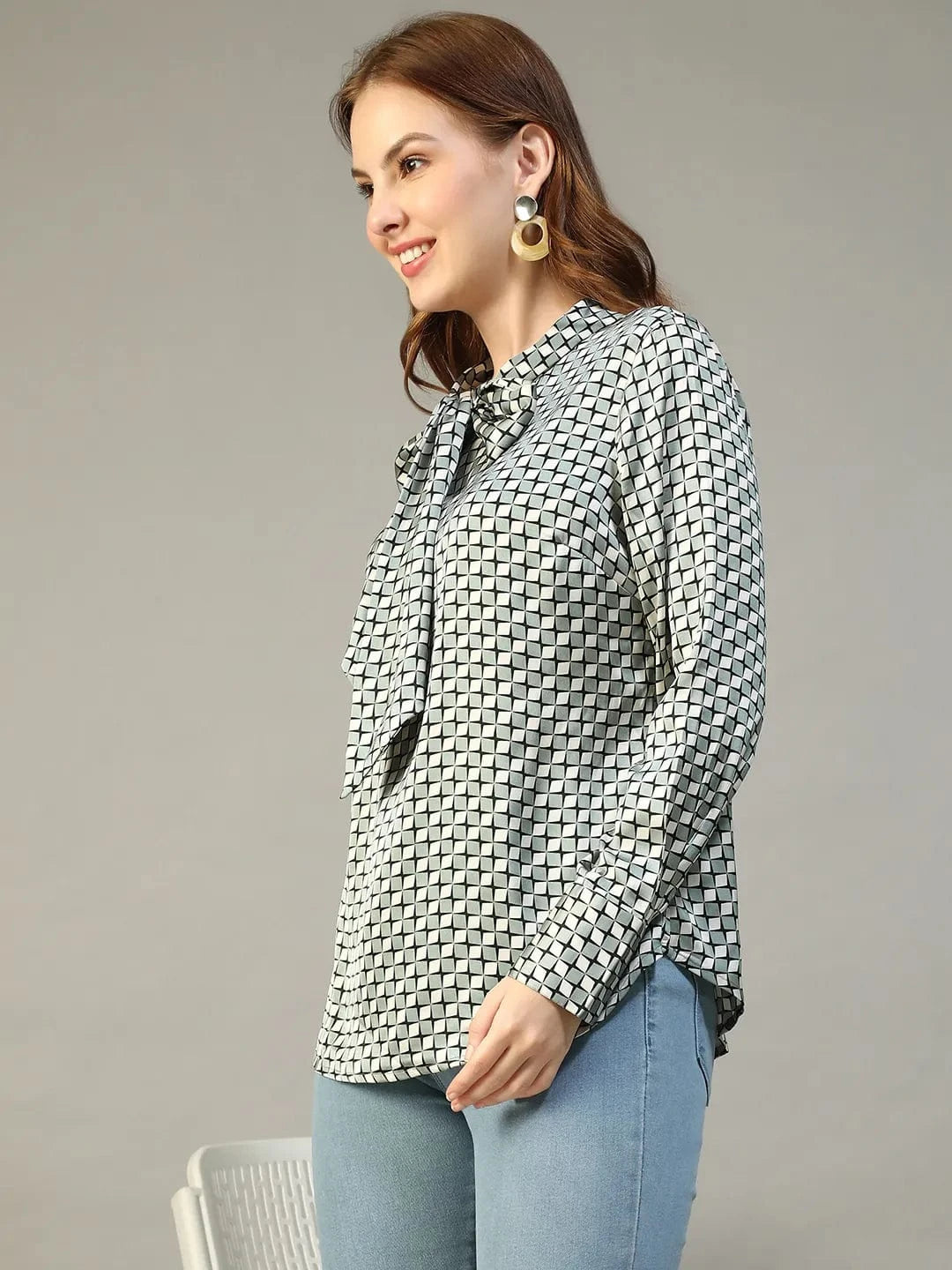 Jell Green Check Satin Print Long Sleeve Tie-Up Detail Women Top