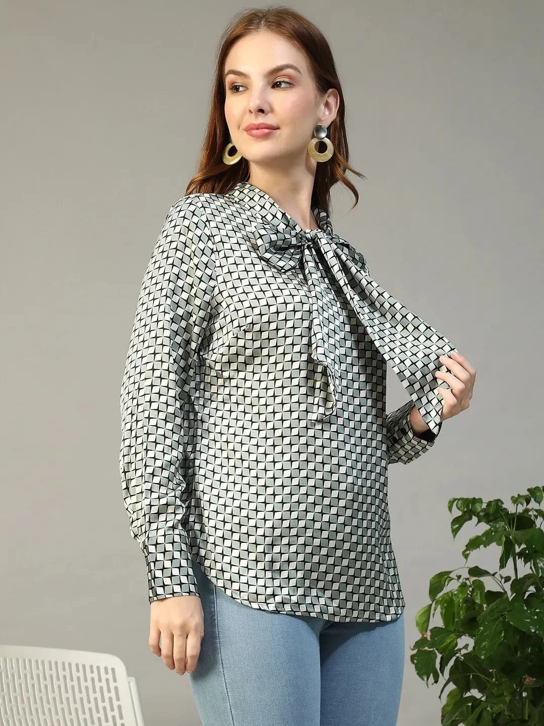 Jell Green Check Satin Print Long Sleeve Tie-Up Detail Women Top