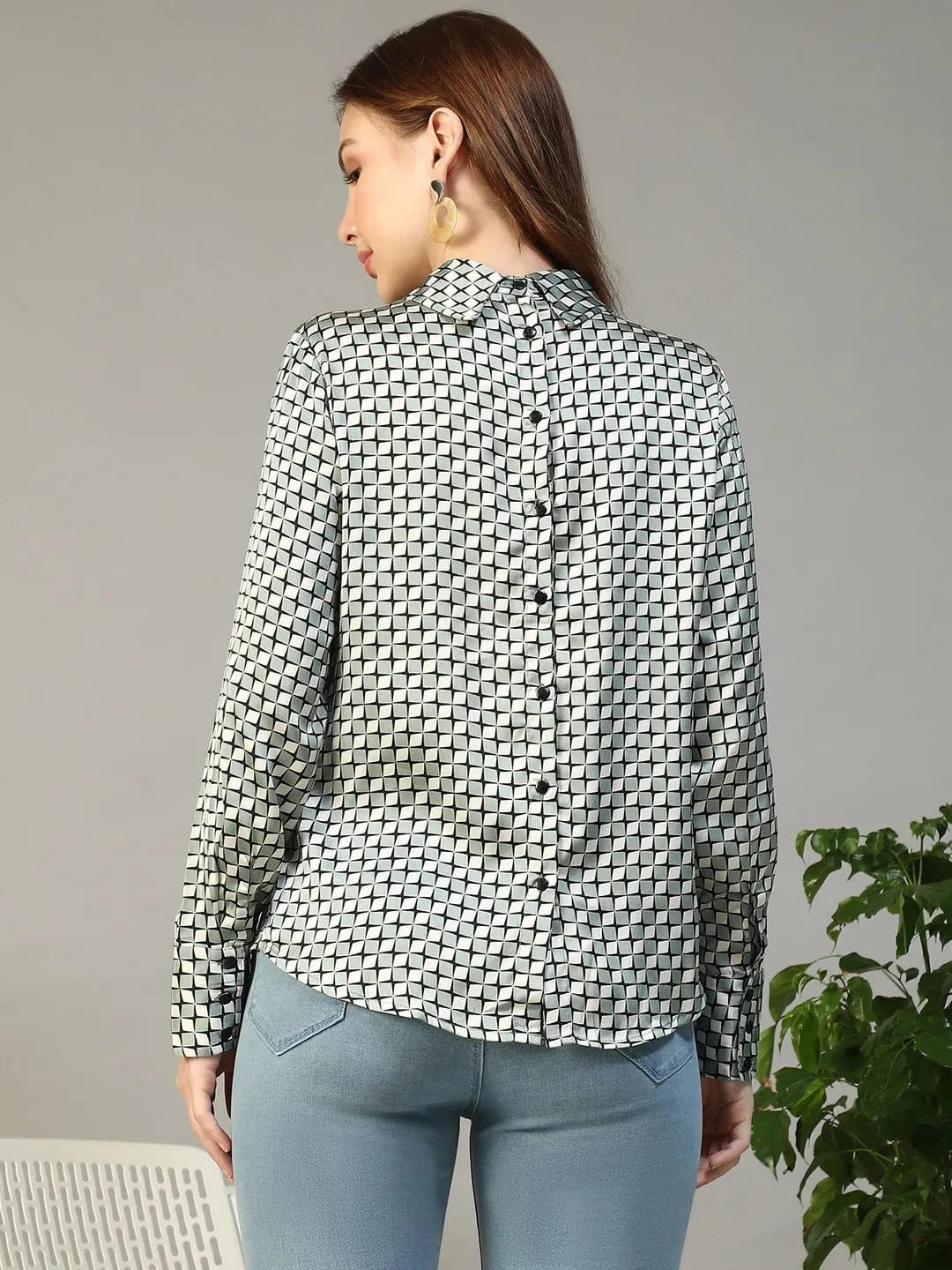 Jell Green Check Satin Print Long Sleeve Tie-Up Detail Women Top