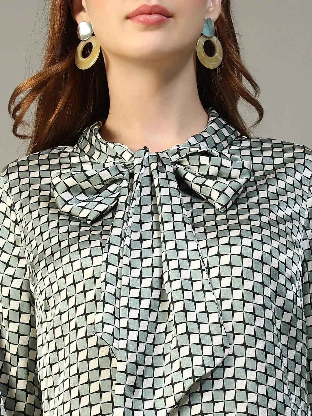 Jell Green Check Satin Print Long Sleeve Tie-Up Detail Women Top