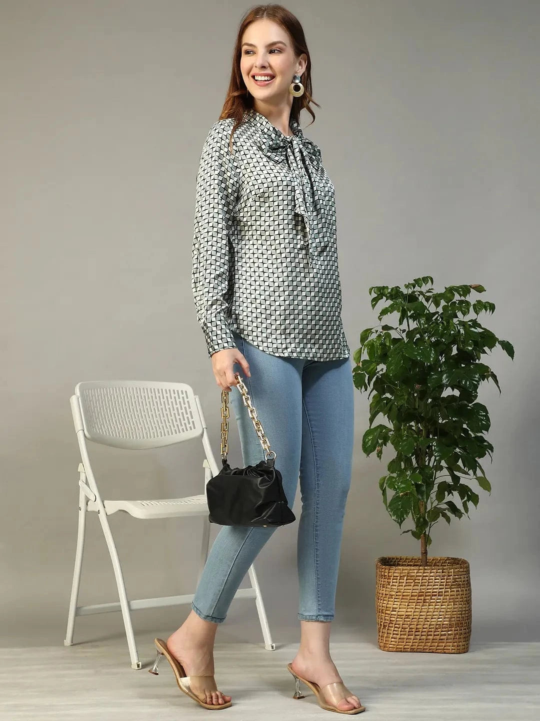 Jell Green Check Satin Print Long Sleeve Tie-Up Detail Women Top