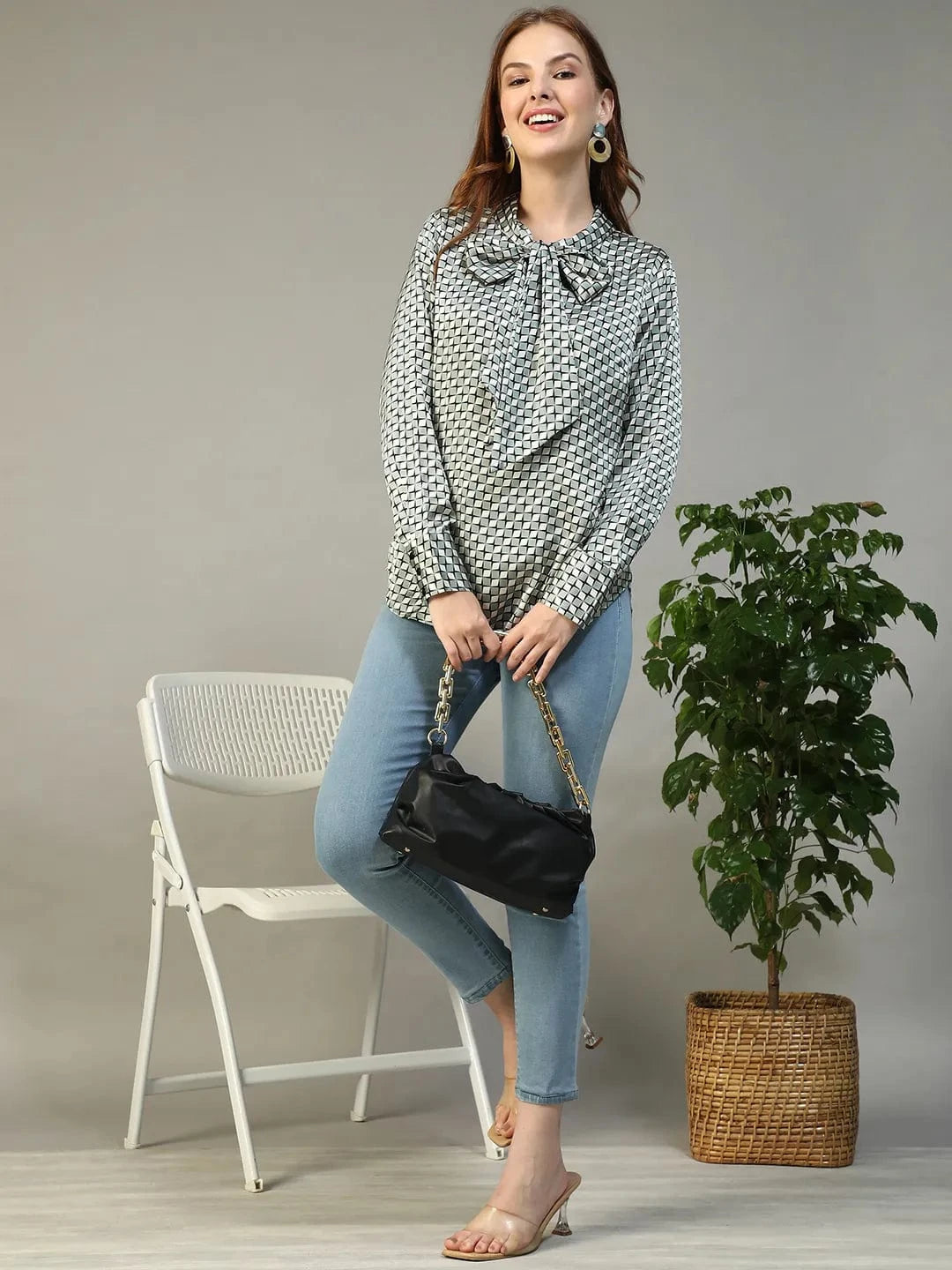 Jell Green Check Satin Print Long Sleeve Tie-Up Detail Women Top