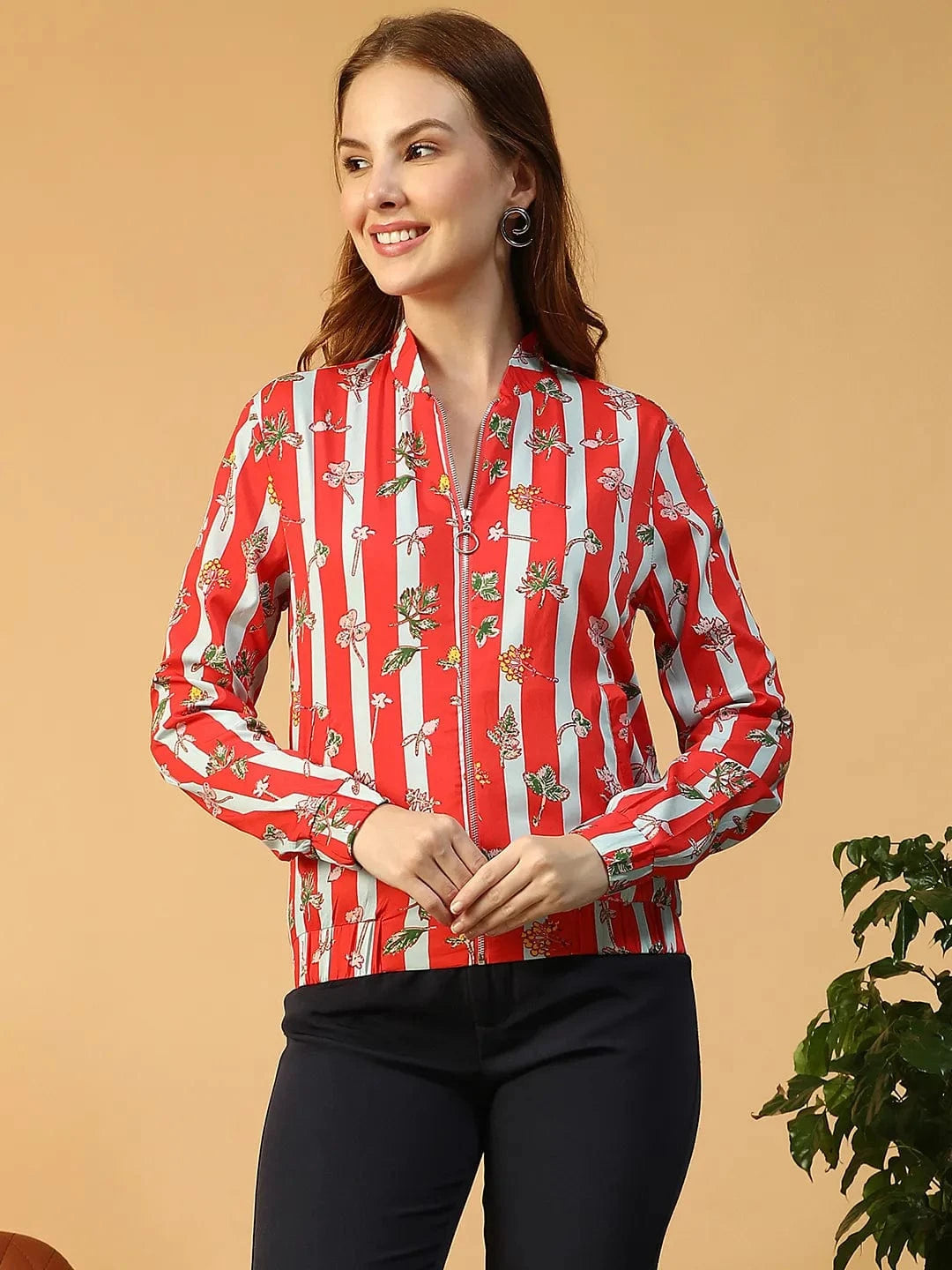 Sapphire Red Floral Print Long Sleeve Zip-Front Elasticated Women Bomber Jacket
