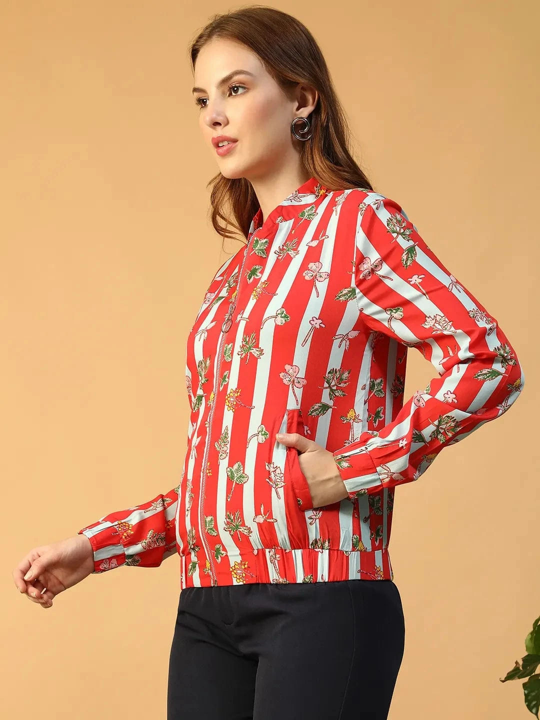 Sapphire Red Floral Print Long Sleeve Zip-Front Elasticated Women Bomber Jacket