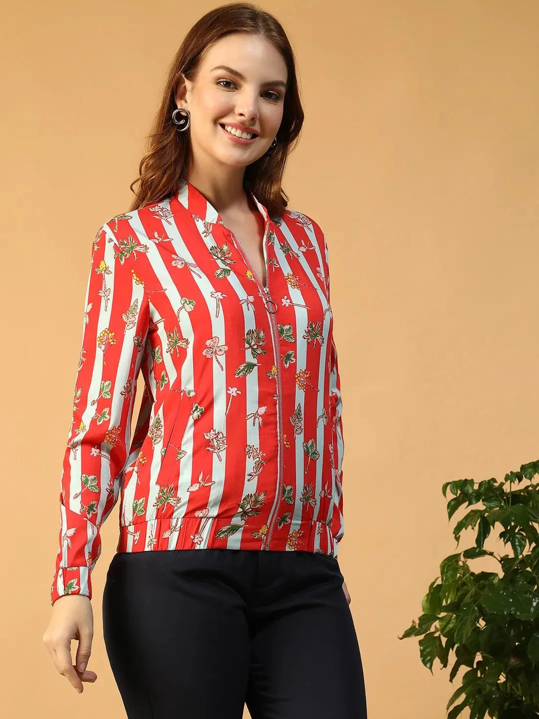 Sapphire Red Floral Print Long Sleeve Zip-Front Elasticated Women Bomber Jacket
