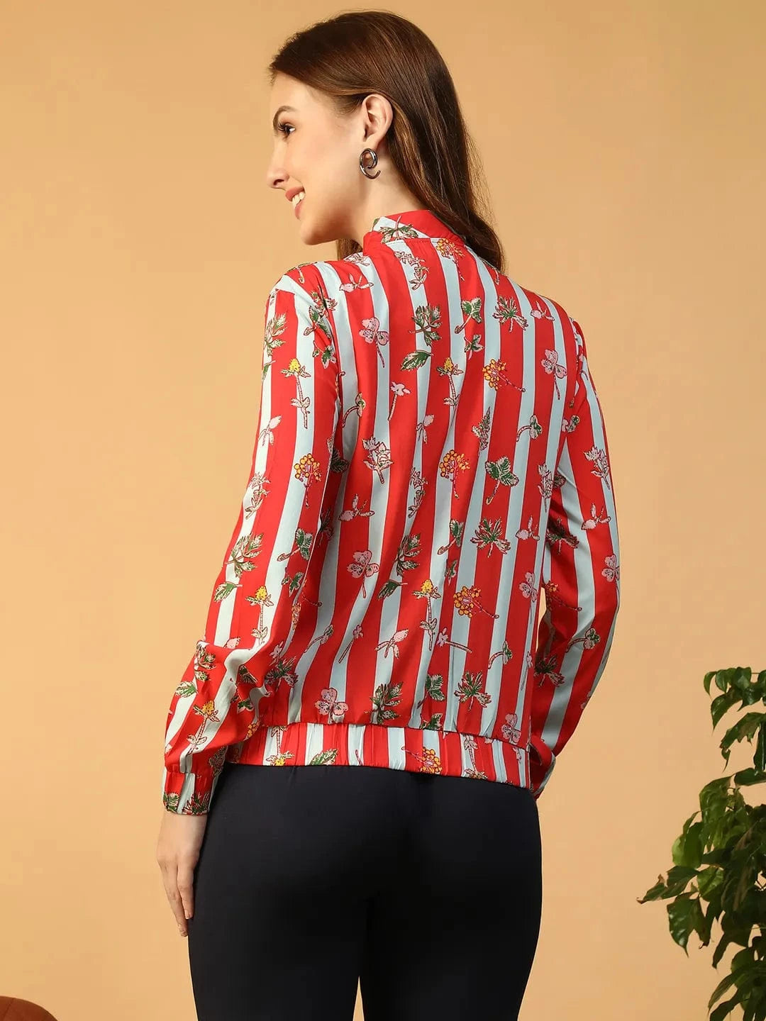 Sapphire Red Floral Print Long Sleeve Zip-Front Elasticated Women Bomber Jacket
