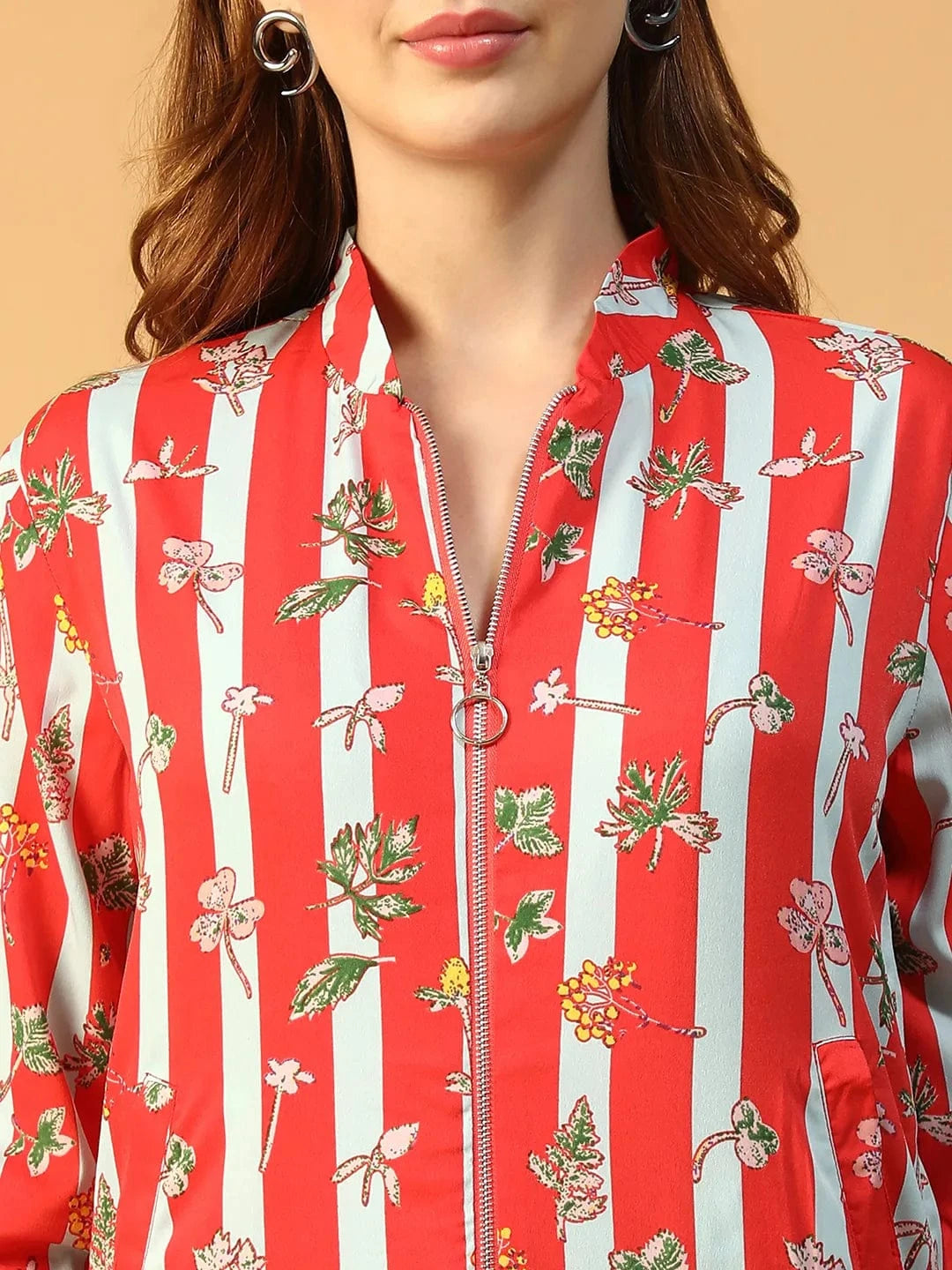 Sapphire Red Floral Print Long Sleeve Zip-Front Elasticated Women Bomber Jacket