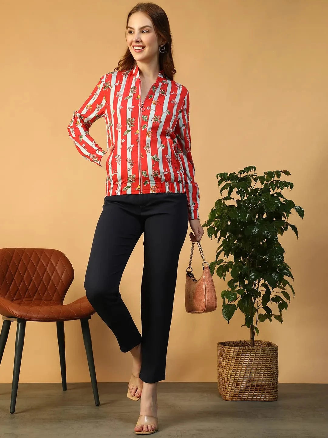 Sapphire Red Floral Print Long Sleeve Zip-Front Elasticated Women Bomber Jacket