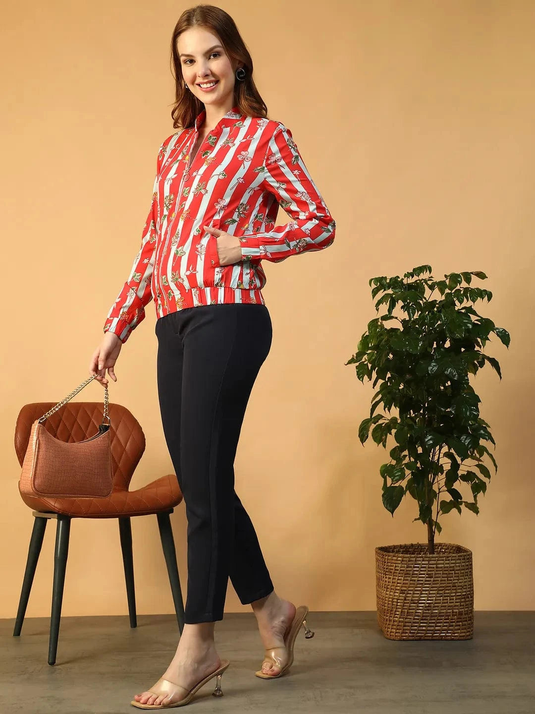 Sapphire Red Floral Print Long Sleeve Zip-Front Elasticated Women Bomber Jacket
