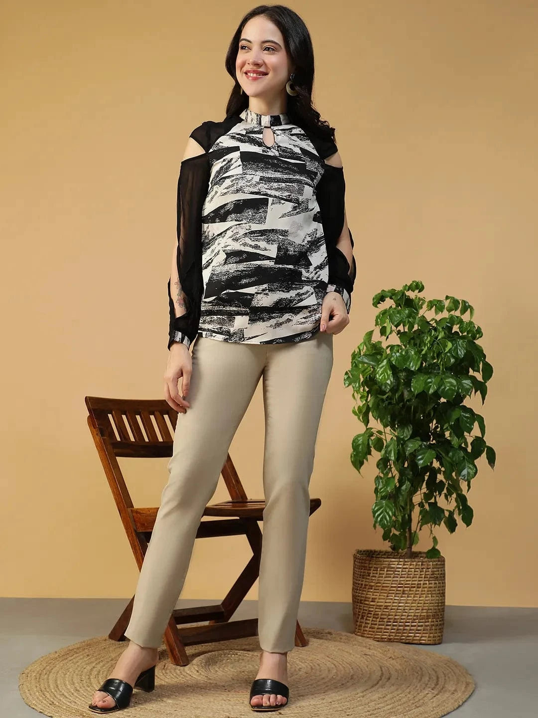 Flex Black Marble Print Key Hole Neck Long Sleeve Cold Shoulder Cut Out Detail Women Top