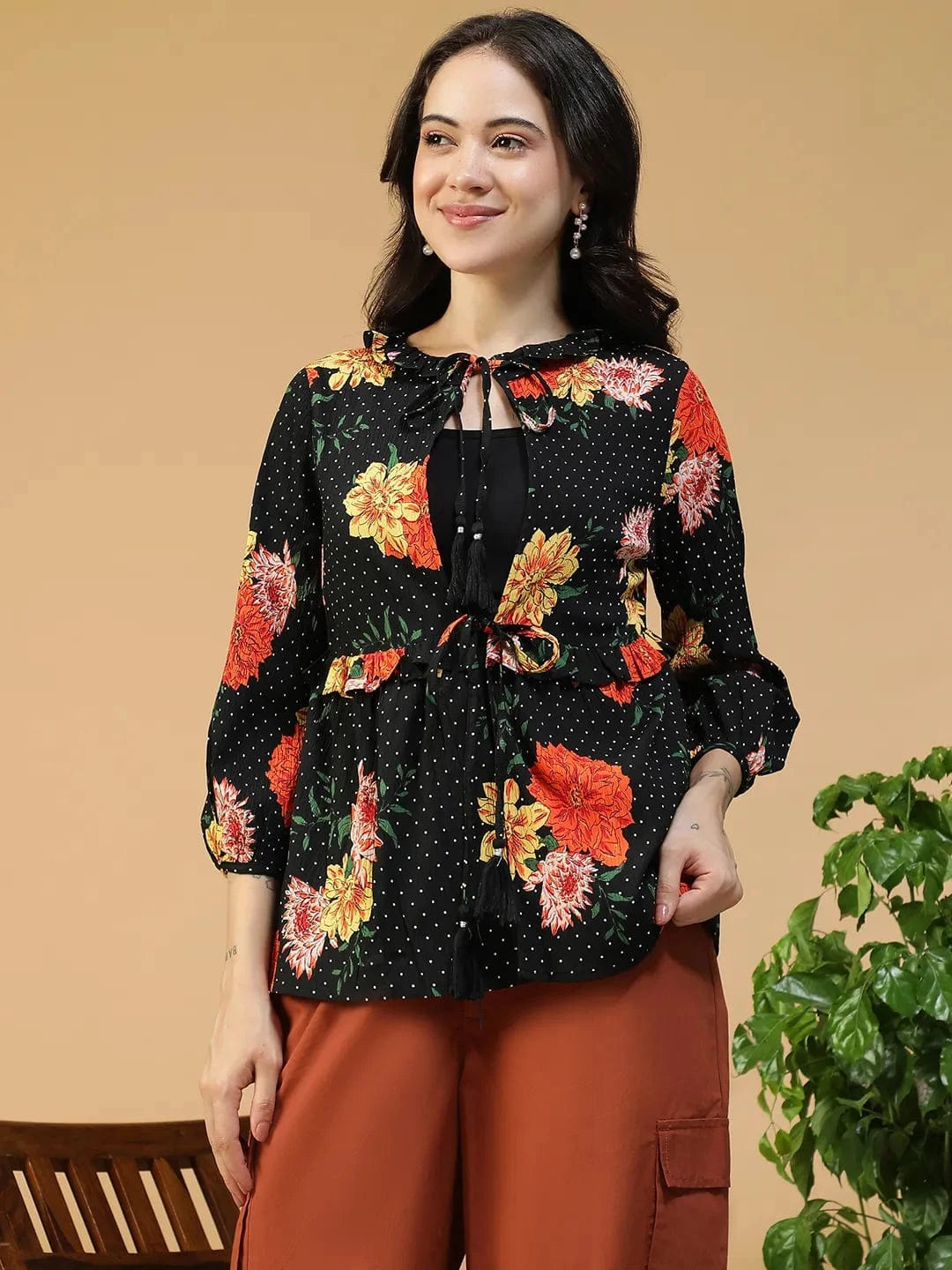 Dream Black Floral Print Round Neck Tie-Up Detail Long Sleeve Women Shrug