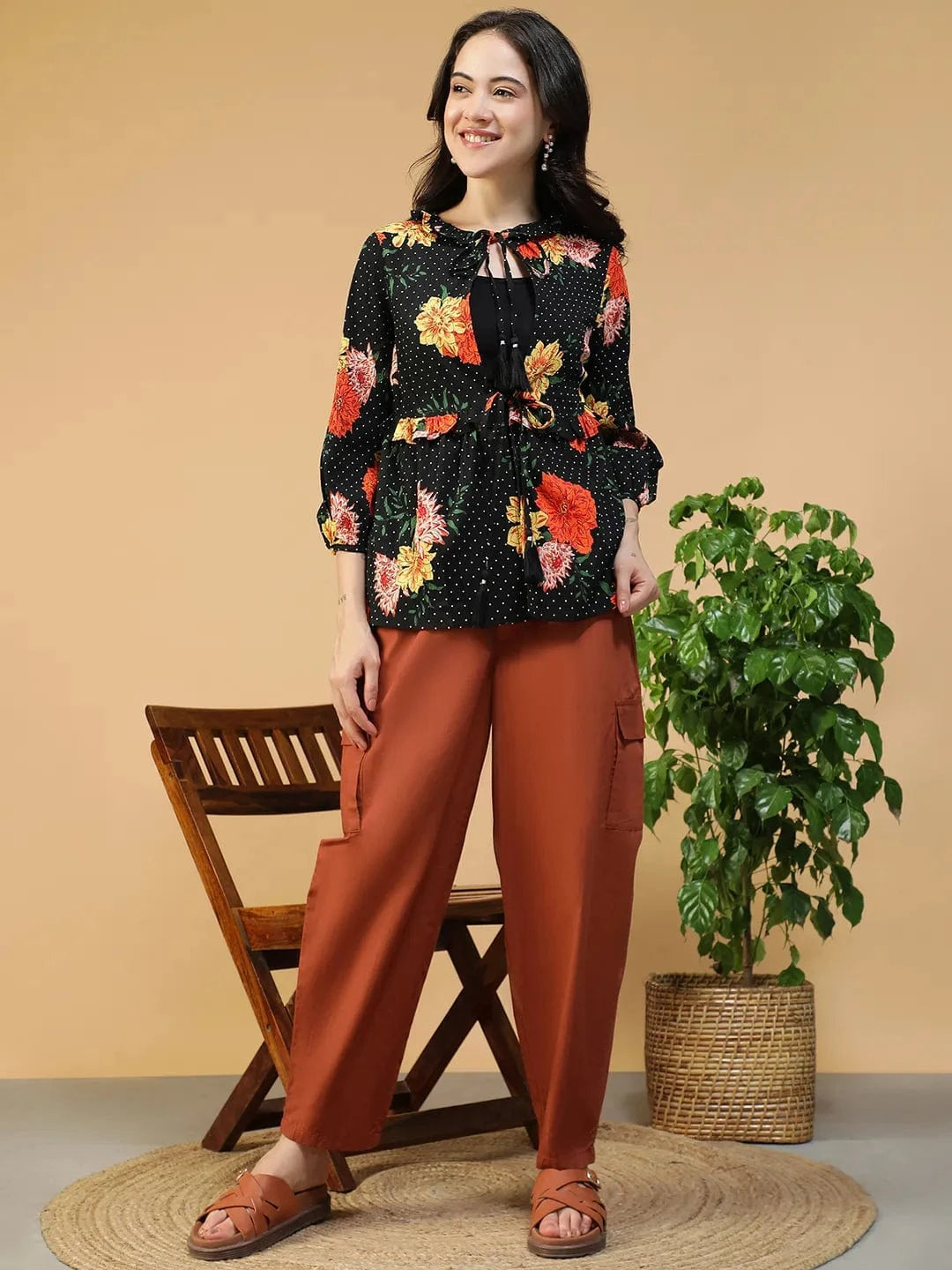 Dream Black Floral Print Round Neck Tie-Up Detail Long Sleeve Women Shrug