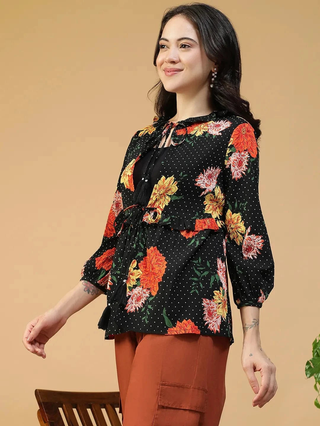 Dream Black Floral Print Round Neck Tie-Up Detail Long Sleeve Women Shrug