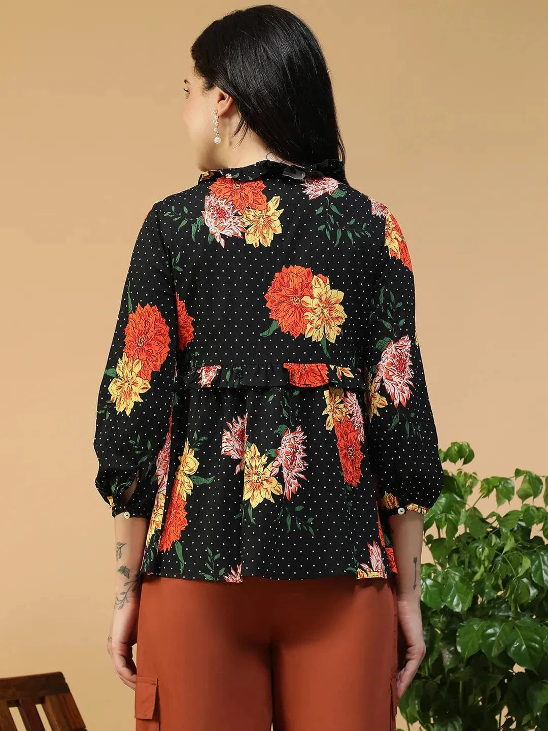 Dream Black Floral Print Round Neck Tie-Up Detail Long Sleeve Women Shrug