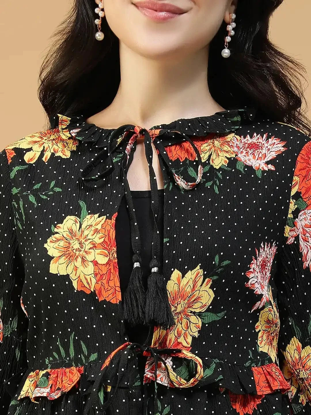 Dream Black Floral Print Round Neck Tie-Up Detail Long Sleeve Women Shrug