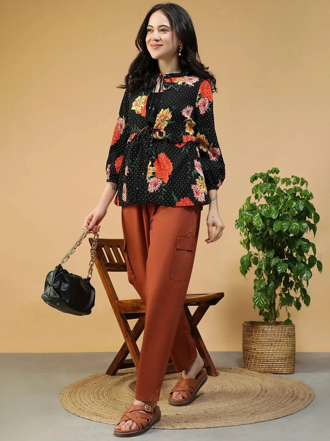 Dream Black Floral Print Round Neck Tie-Up Detail Long Sleeve Women Shrug