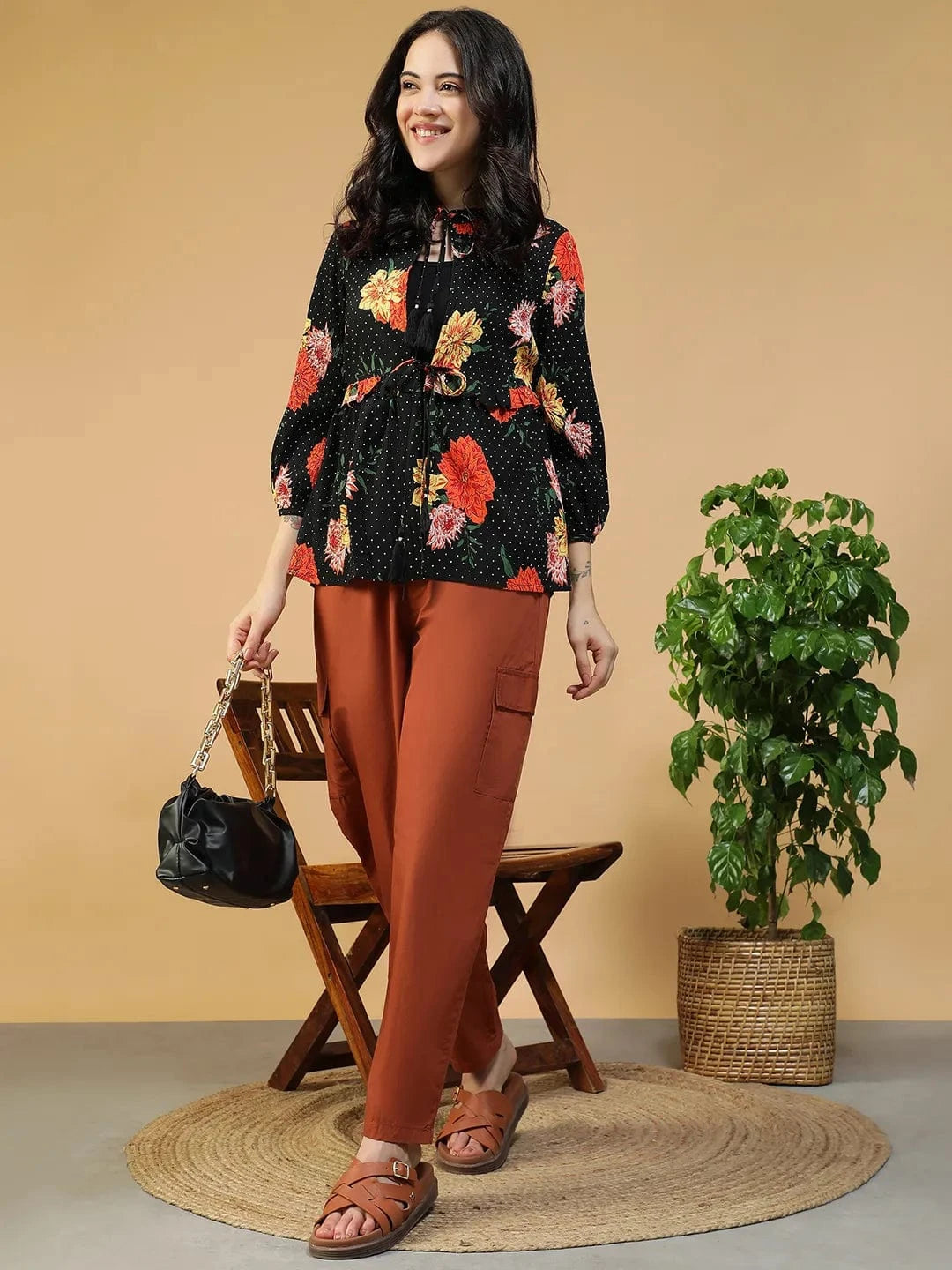 Dream Black Floral Print Round Neck Tie-Up Detail Long Sleeve Women Shrug