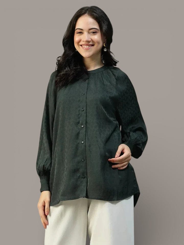 Green Button Down Top - Women's Casual Long Sleeve Blouse With Round Neck