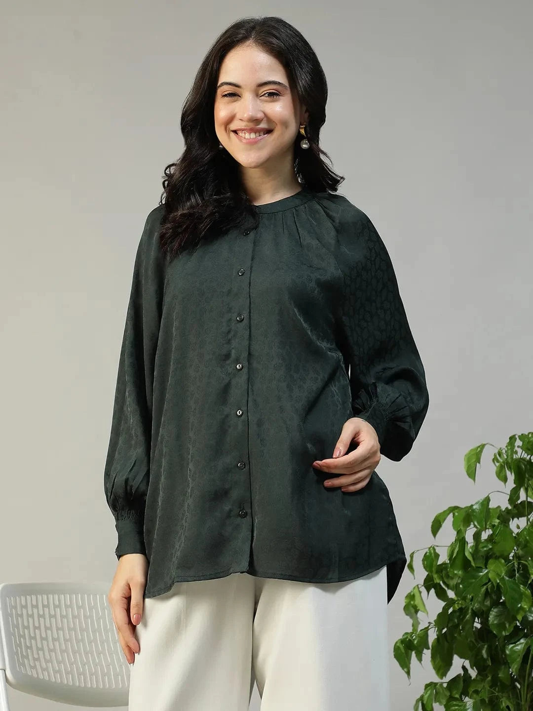 Fearless Green Round Neck Long Sleeve Button Down Women Top