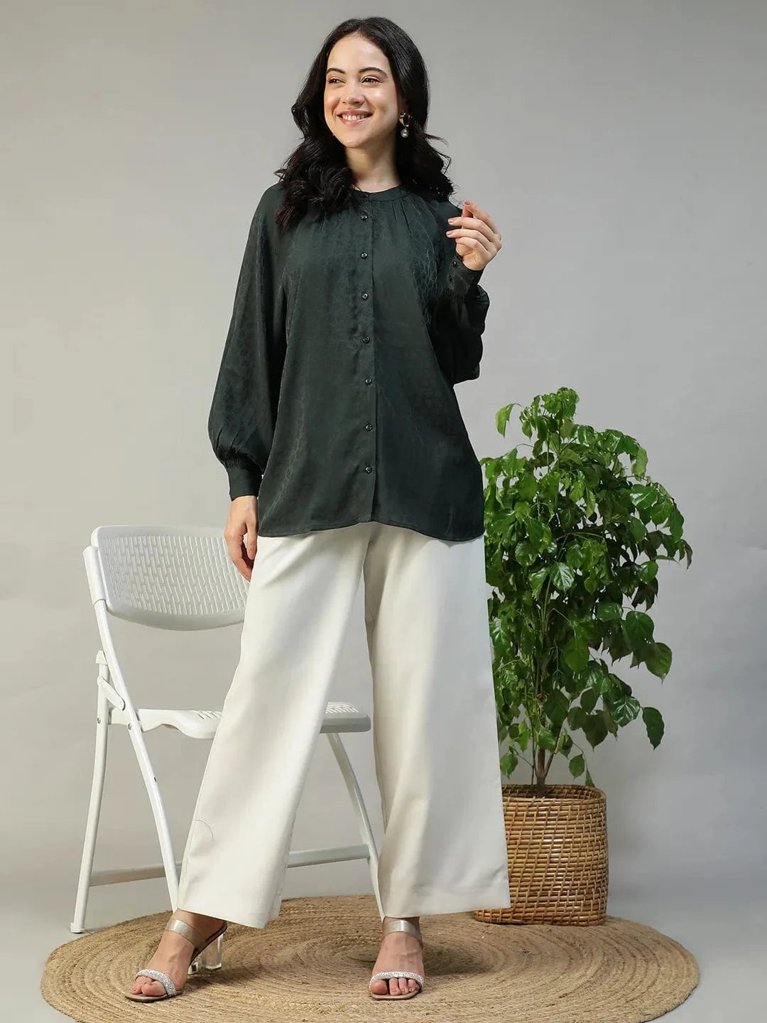 Fearless Green Round Neck Long Sleeve Button Down Women Top