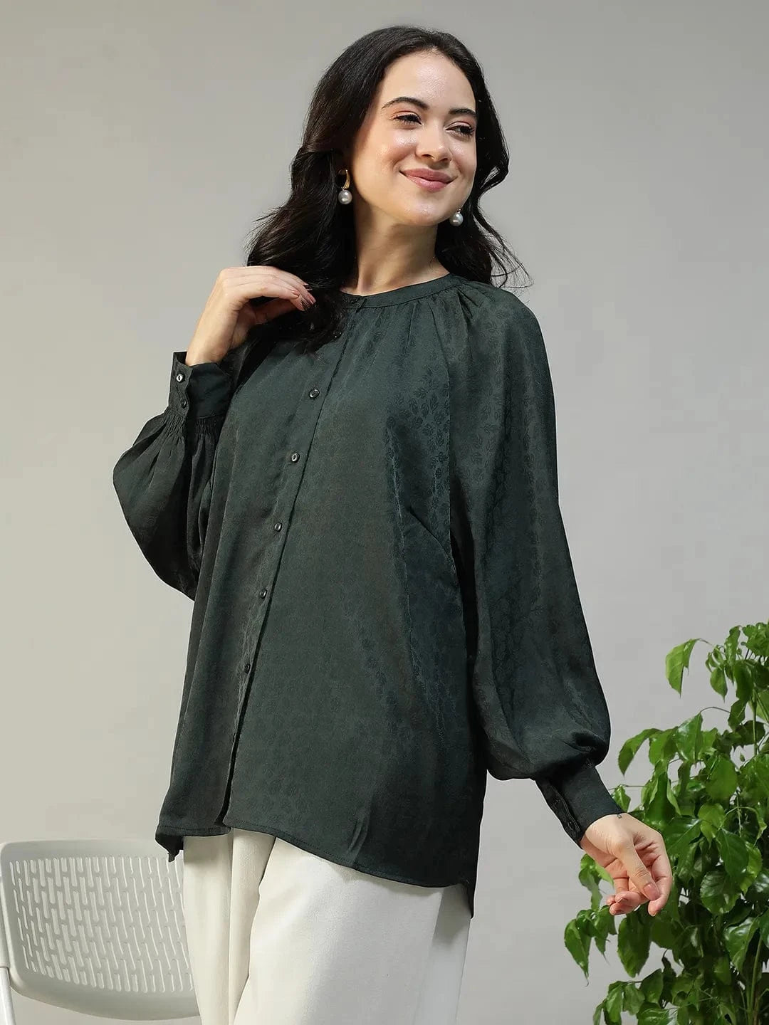 Fearless Green Round Neck Long Sleeve Button Down Women Top