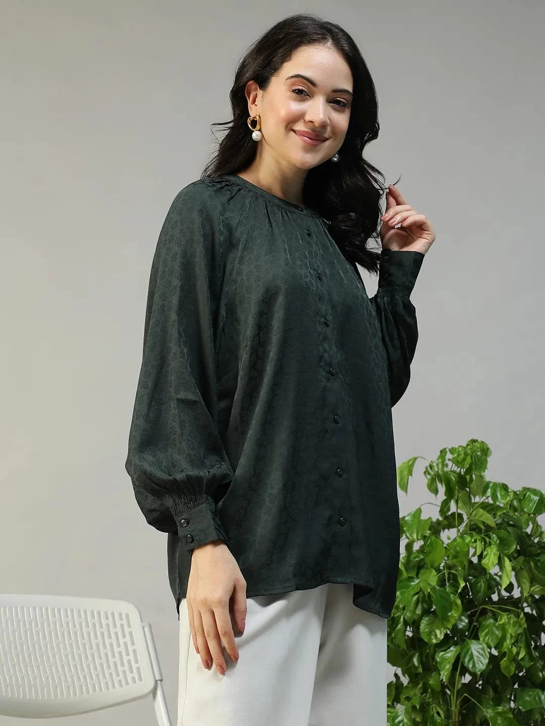 Fearless Green Round Neck Long Sleeve Button Down Women Top