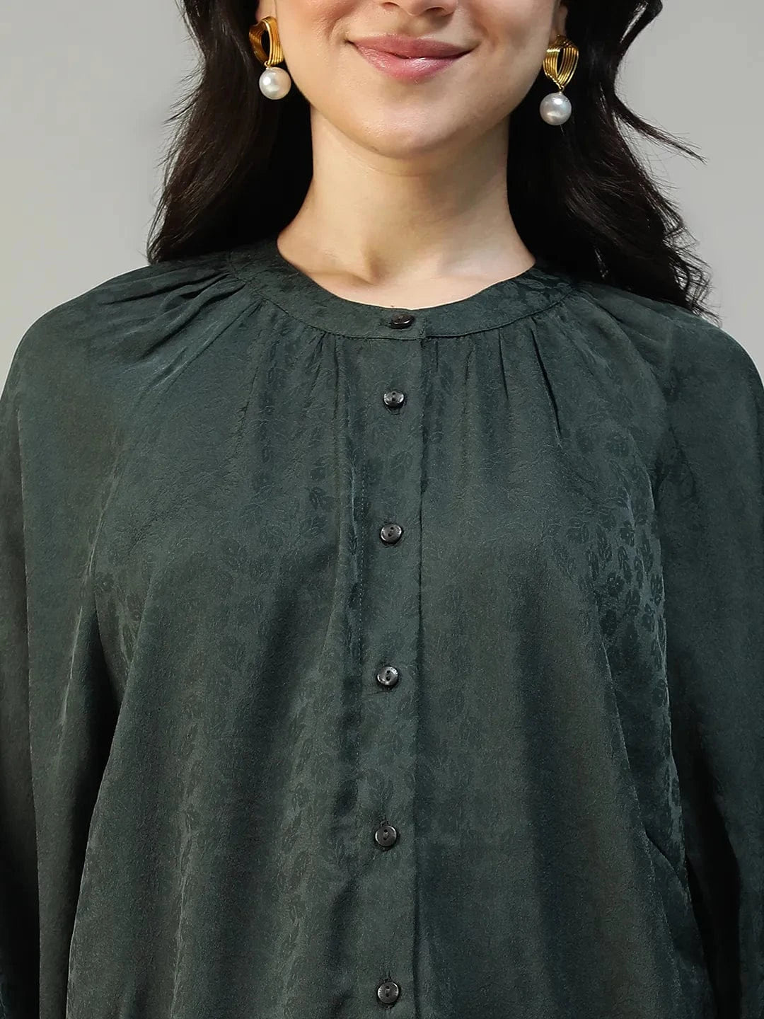Fearless Green Round Neck Long Sleeve Button Down Women Top