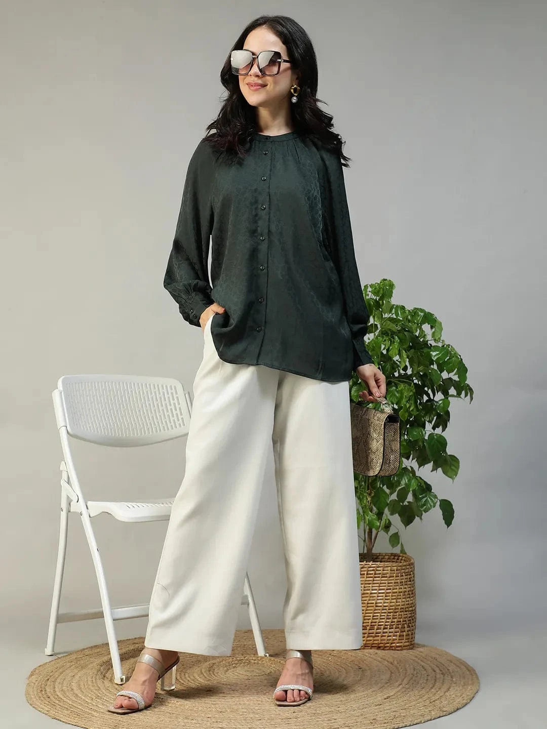 Fearless Green Round Neck Long Sleeve Button Down Women Top